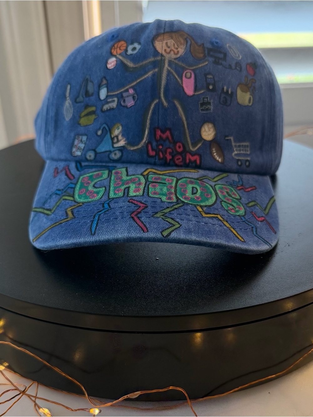 Upcycled Hand Embellished Statement Ponytail Baseball Cap in “Mom Life” Theme.